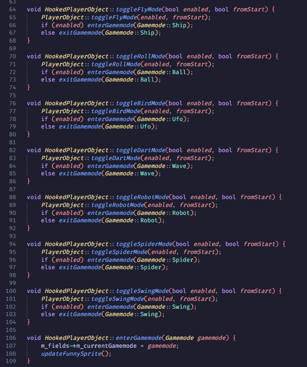 Screenshot of the PlayerObject hooks in src/hooks/PlayerObject.cpp.